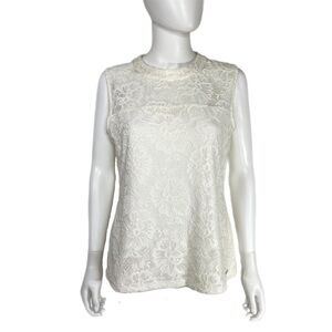 Calvin Klein High Collar Sleeveless Off-White Floral Lace Blouse